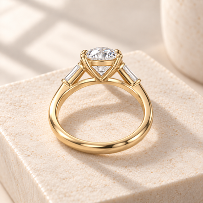 Aster round lab-grown diamond ring with tapered baguette sides in yellow gold, rear design preview