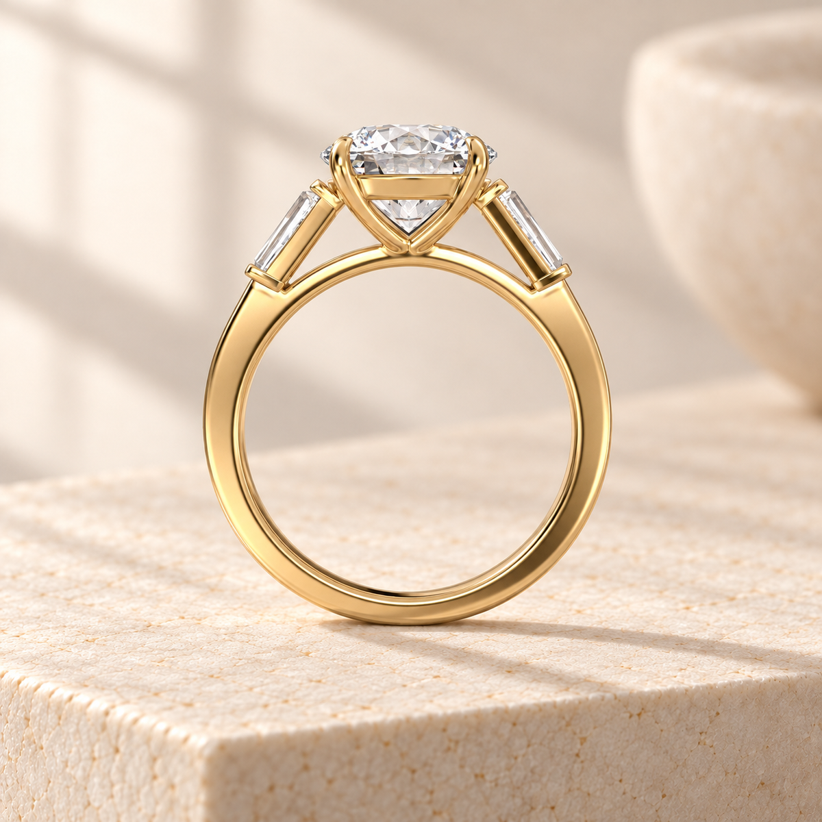 Aster round lab-grown diamond ring with tapered baguette sides in yellow gold, side design preview