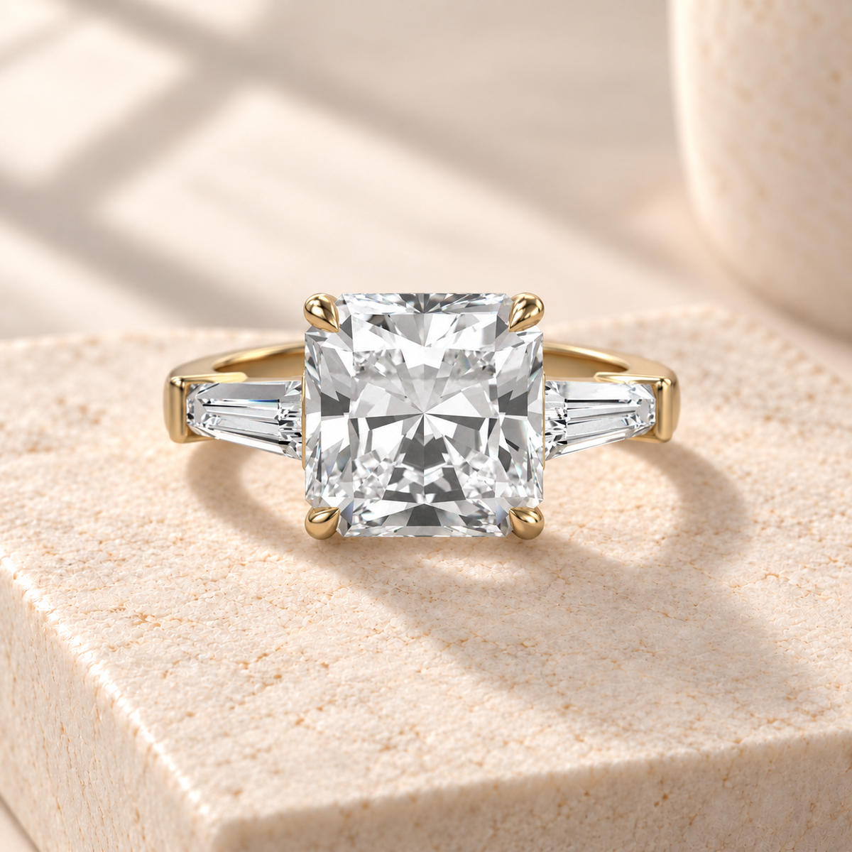 Aster square radiant-cut lab-grown diamond ring with tapered baguette side diamonds in yellow gold, front design preview