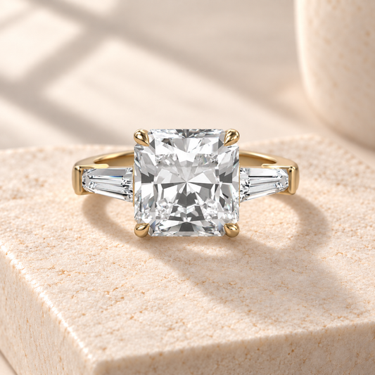 Aster square radiant-cut lab-grown diamond ring with tapered baguette side diamonds in yellow gold, front design preview