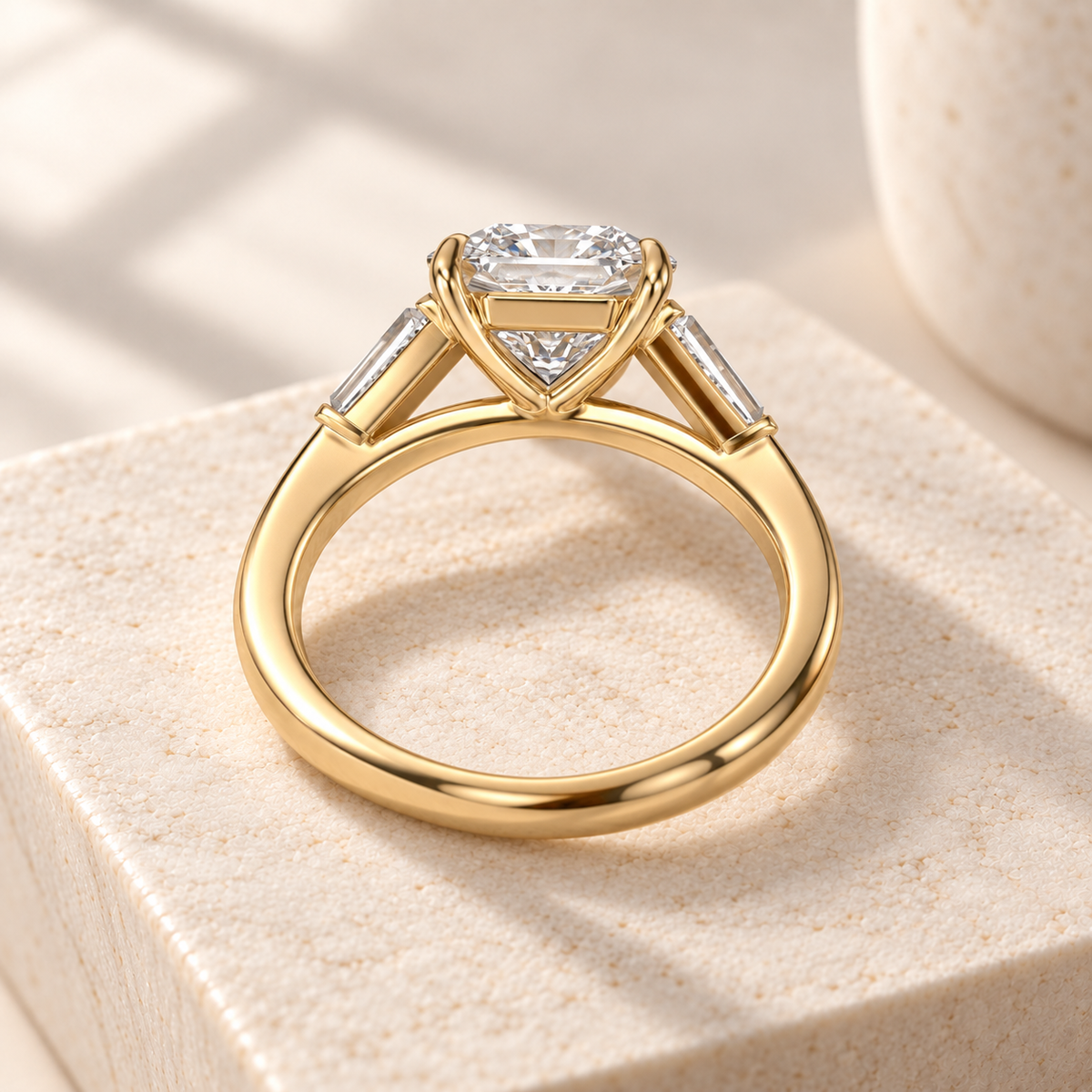Aster square radiant-cut lab-grown diamond ring with tapered baguette side diamonds in yellow gold, rear design preview