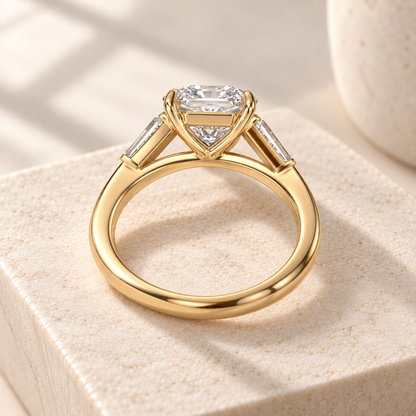 Aster square radiant-cut lab-grown diamond ring with tapered baguette side diamonds in yellow gold, rear design preview