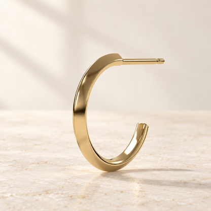 AI product preview of one Astra Knife-Edge Hoop Earring in yellow gold, side profile with straight post