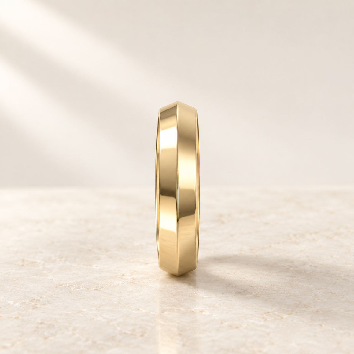 AI product preview of Astra Wide Knife-Edge Wedding Band in yellow gold, edge profile