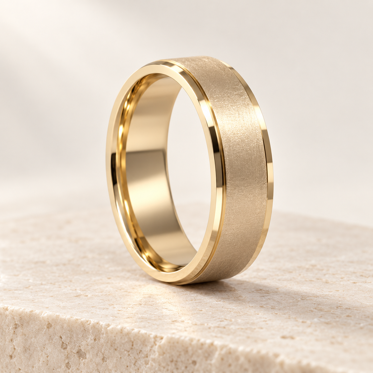 AI product preview of Contour Matte Stepped Wedding Band — 5 mm in yellow gold, three-quarter view