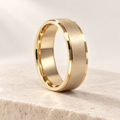 AI product preview of Contour Matte Stepped Wedding Band — 5 mm in yellow gold, three-quarter view