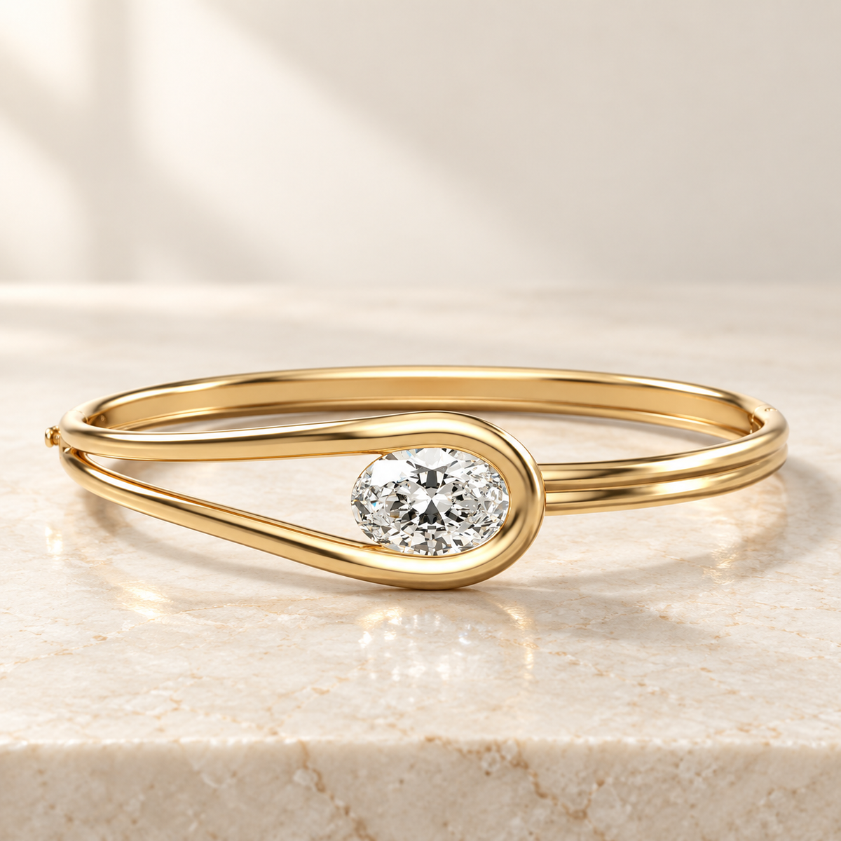 AI product preview of Embrace East-West Oval Diamond Bangle in yellow gold, low front view