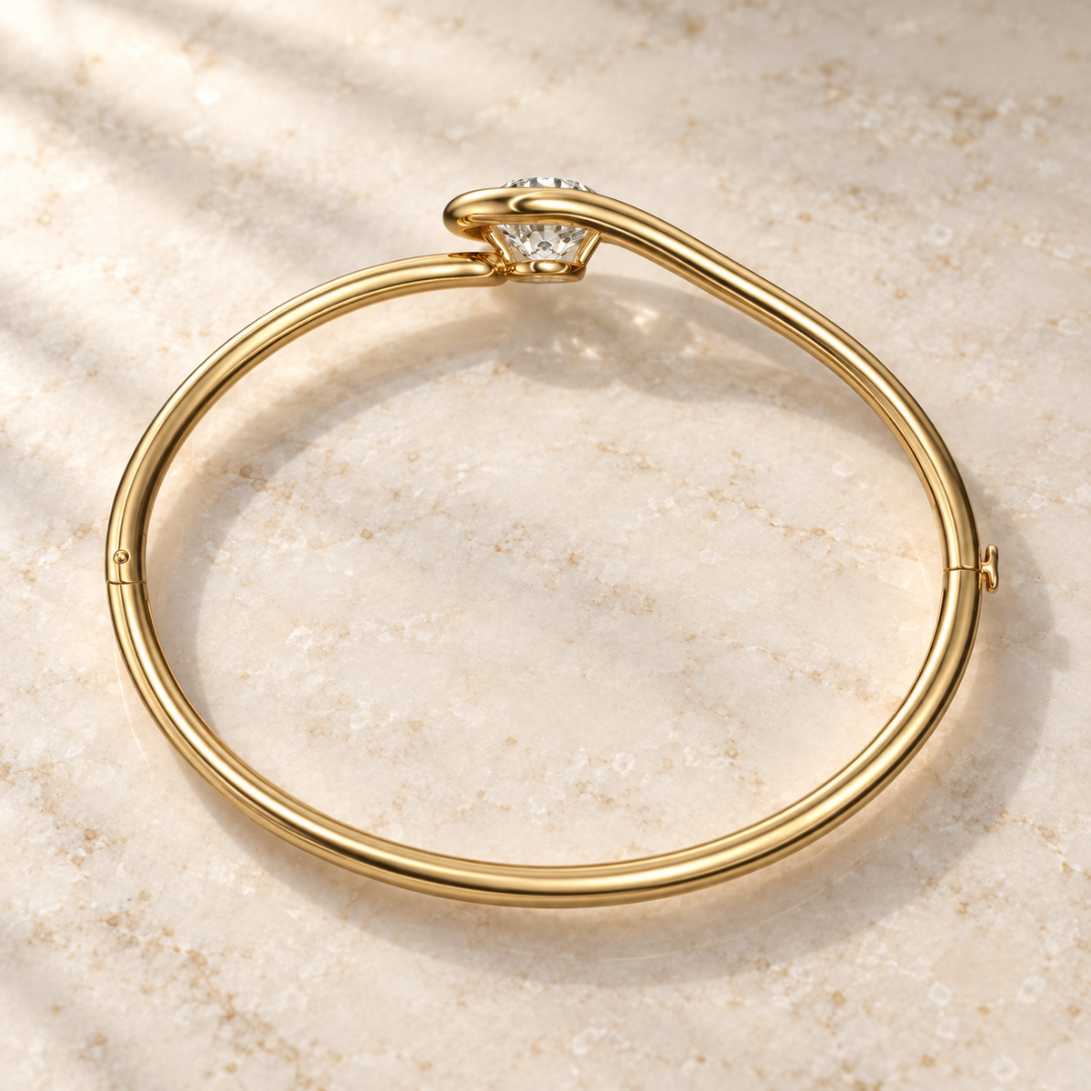 AI product preview of Embrace Old European Diamond Bangle in yellow gold, elevated rear view
