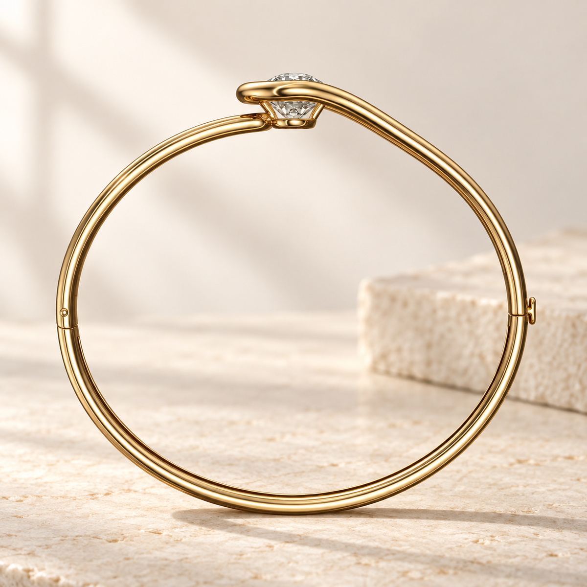 AI product preview of Embrace Old European Diamond Bangle in yellow gold, structural side profile