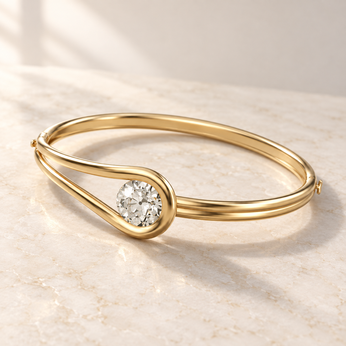 AI product preview of Embrace Old European Diamond Bangle in yellow gold, three-quarter view