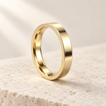 AI product preview of Forma Polished Wedding Band — 3 mm in yellow gold, three-quarter view