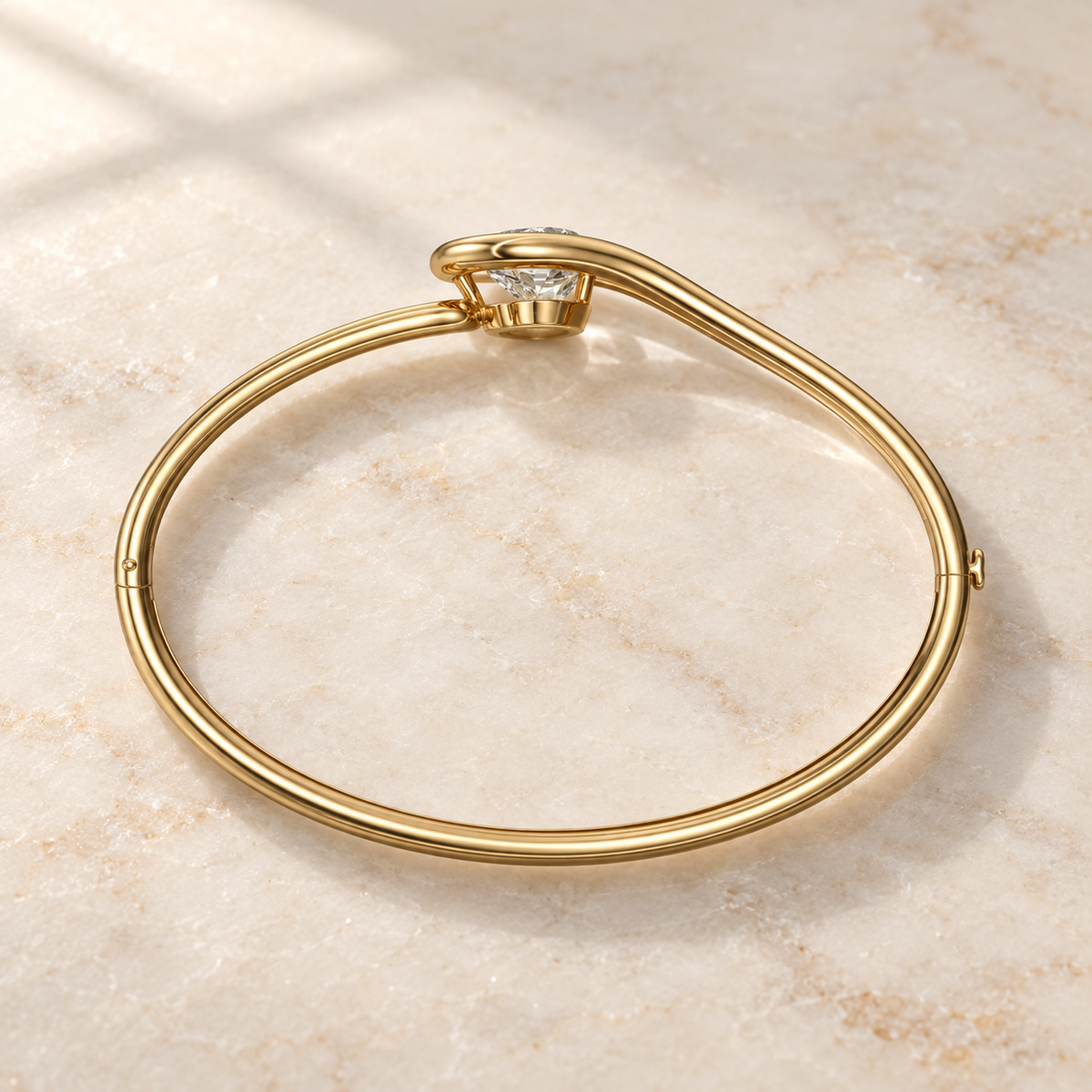 AI product preview of Embrace Heart Diamond Bangle in yellow gold, elevated rear view