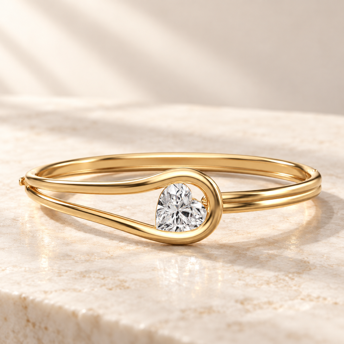 AI product preview of Embrace Heart Diamond Bangle in yellow gold, front view
