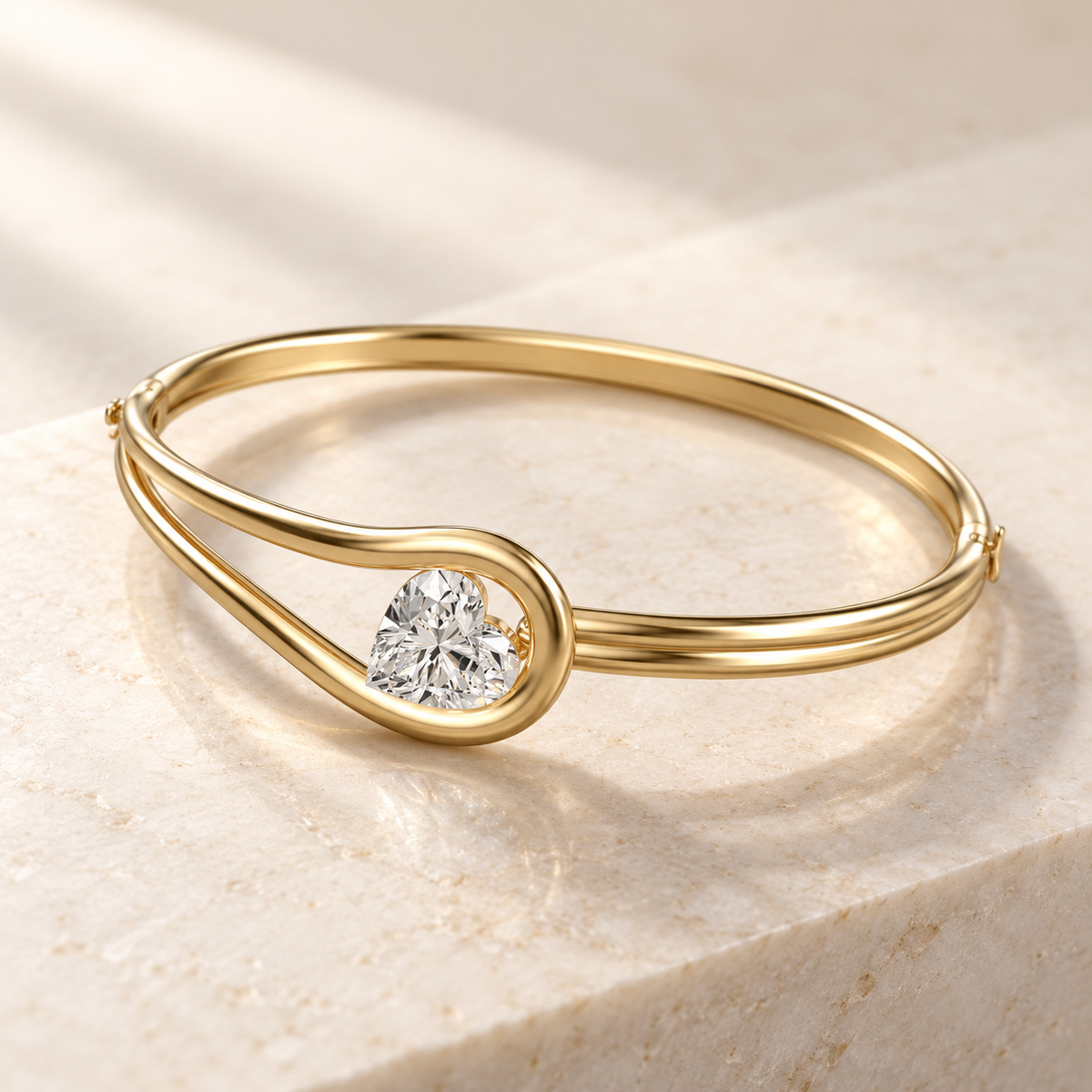 AI product preview of Embrace Heart Diamond Bangle in yellow gold, three-quarter view