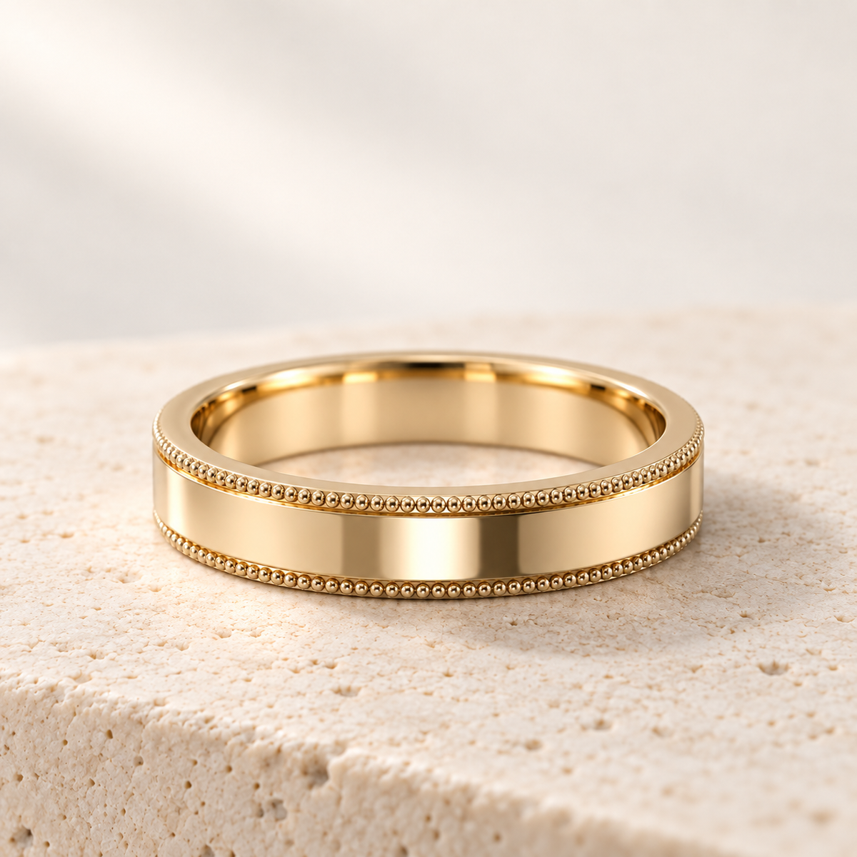 AI product preview of Heirloom Milgrain Wedding Band — 4 mm in yellow gold, front view