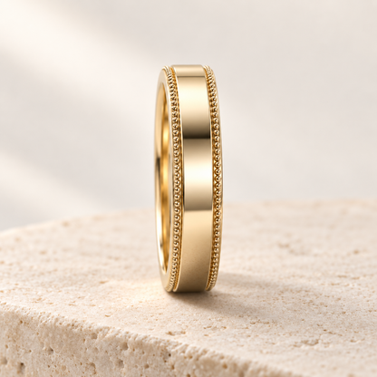 AI product preview of Heirloom Milgrain Wedding Band — 4 mm in yellow gold, side profile