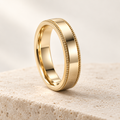 AI product preview of Heirloom Milgrain Wedding Band — 4 mm in yellow gold, three-quarter view