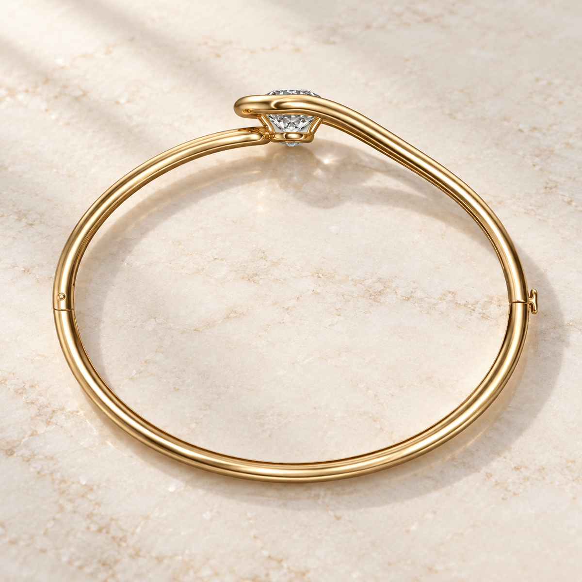 AI product preview of Embrace Round Diamond Bangle in yellow gold, elevated rear view