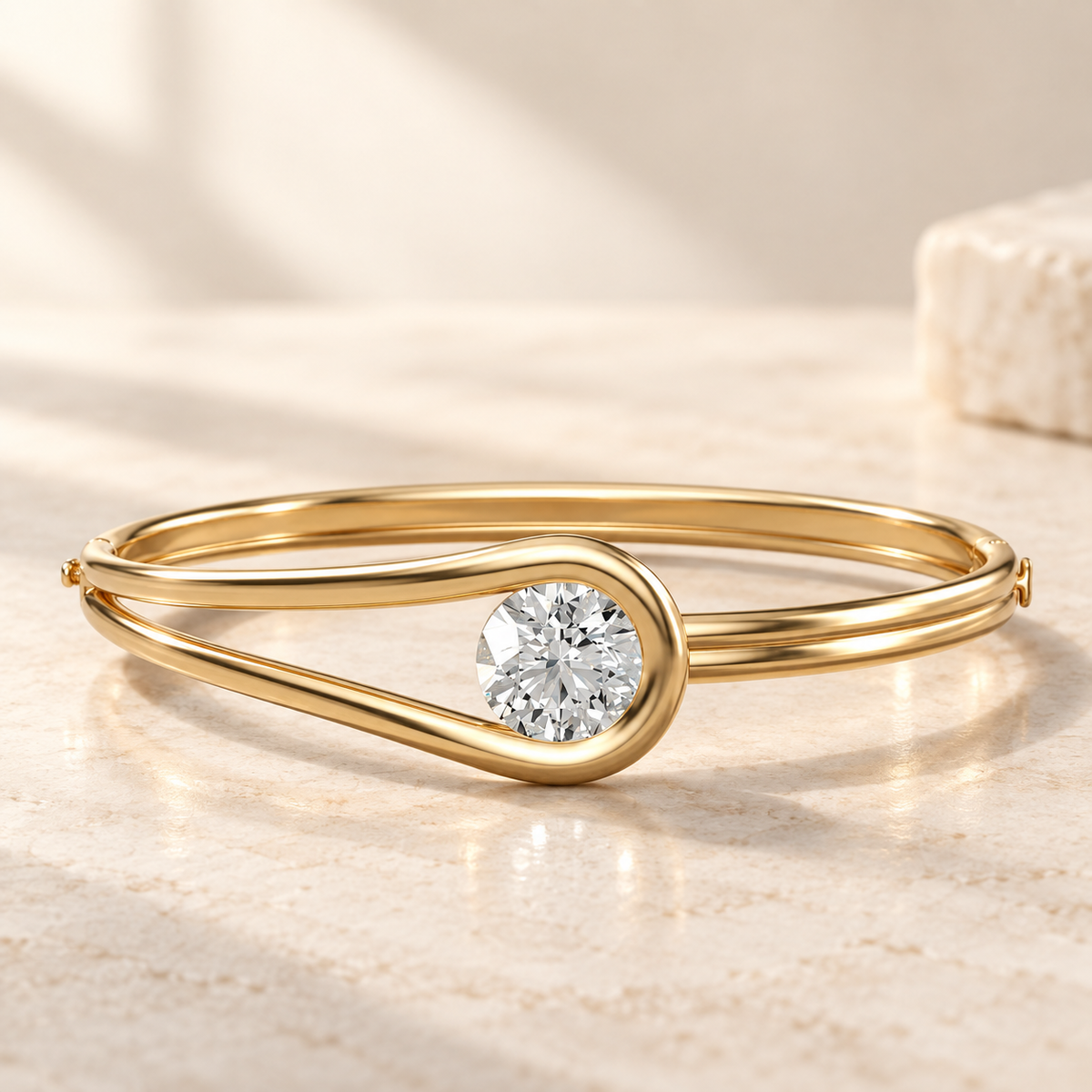 AI product preview of Embrace Round Diamond Bangle in yellow gold, front view