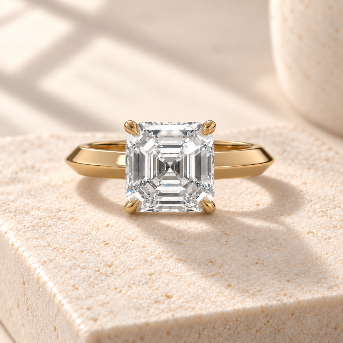 Veyra Asscher-cut lab-grown diamond solitaire ring with a knife-edge yellow gold band, front design preview
