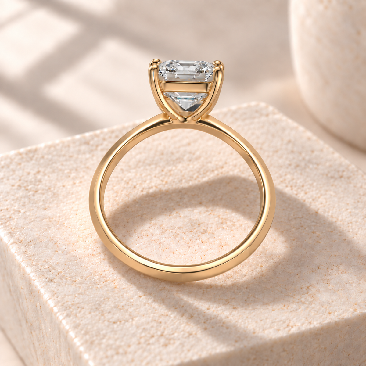 Veyra Asscher-cut lab-grown diamond solitaire with a continuous knife-edge yellow gold band, rear design preview