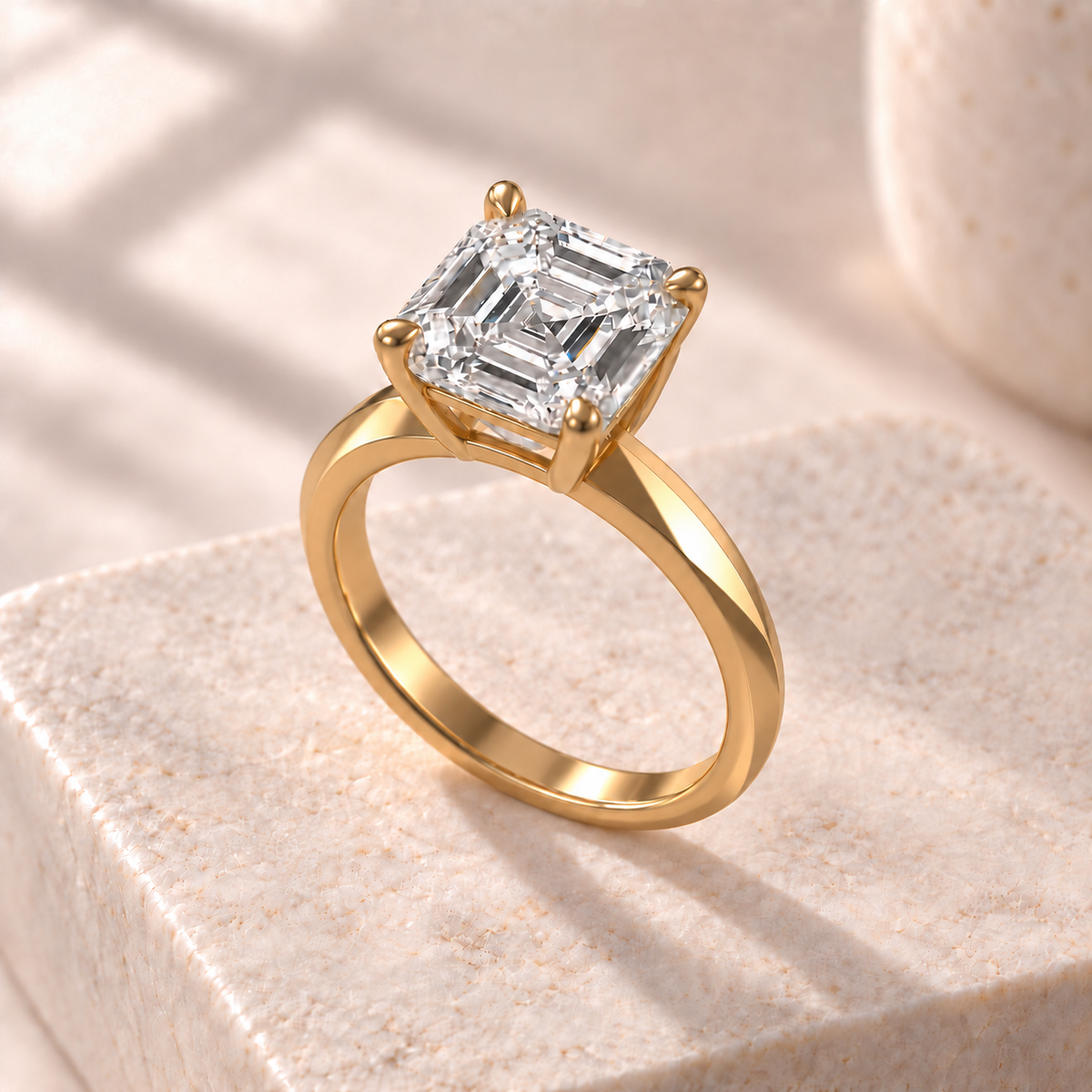 Veyra Asscher-cut lab-grown diamond solitaire with a continuous knife-edge yellow gold band, three quarter design preview