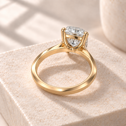 Veyra elongated cushion lab-grown diamond solitaire with a continuous knife-edge yellow gold band, rear design preview