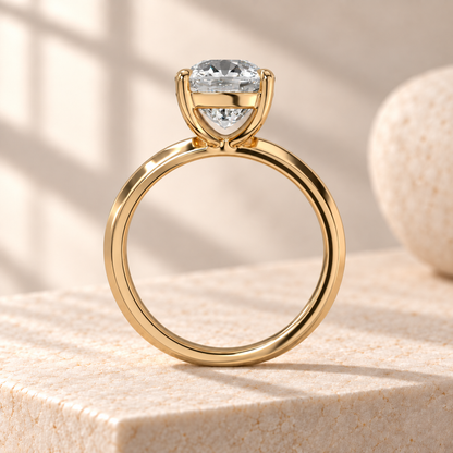 Veyra elongated cushion lab-grown diamond solitaire with a continuous knife-edge yellow gold band, side design preview