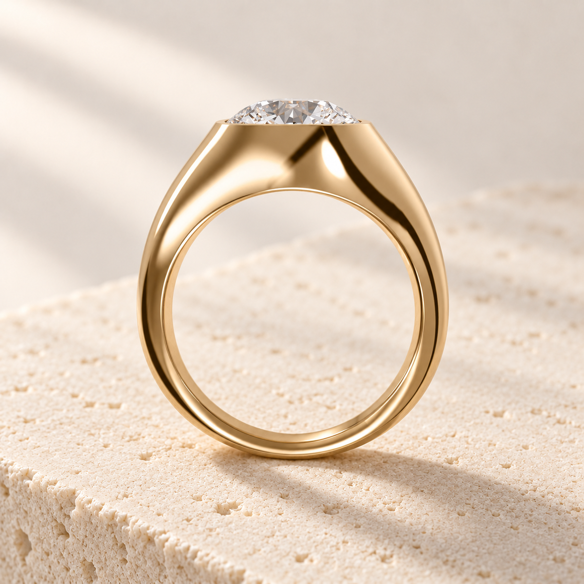 Sculpt Round Bezel Signet Ring in yellow gold, side view — AI design preview