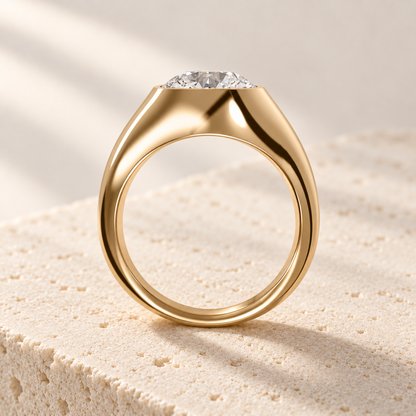 Sculpt Round Bezel Signet Ring in yellow gold, side view — AI design preview