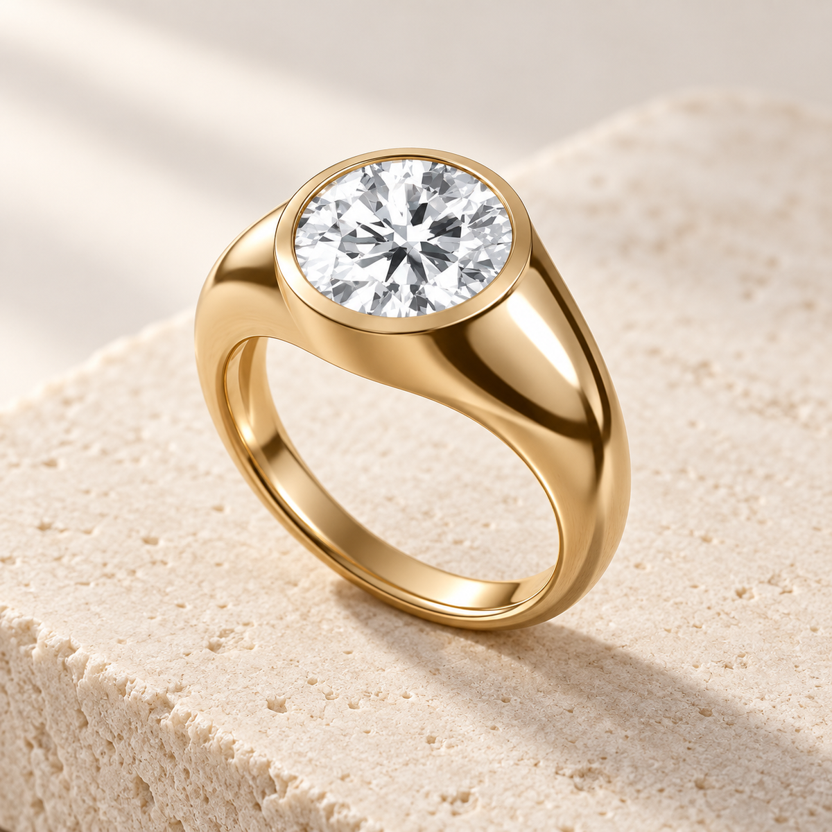 Sculpt Round Bezel Signet Ring in yellow gold, three-quarter view — AI design preview