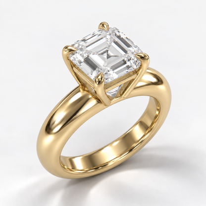Solara Asscher Domed Solitaire Ring in yellow gold, elevated side-oblique view — AI design preview