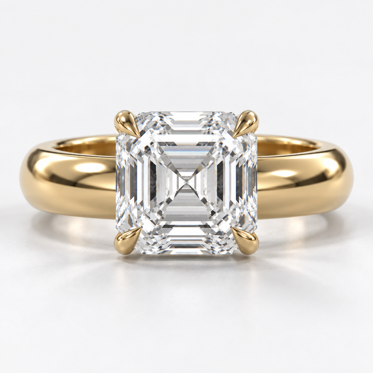 Solara Asscher Domed Solitaire Ring in yellow gold, straight-on front view — AI design preview