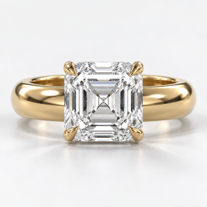 Solara Asscher Domed Solitaire Ring in yellow gold, straight-on front view — AI design preview