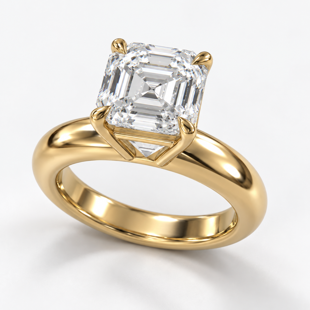 Solara Asscher Domed Solitaire Ring in yellow gold, three-quarter front view — AI design preview