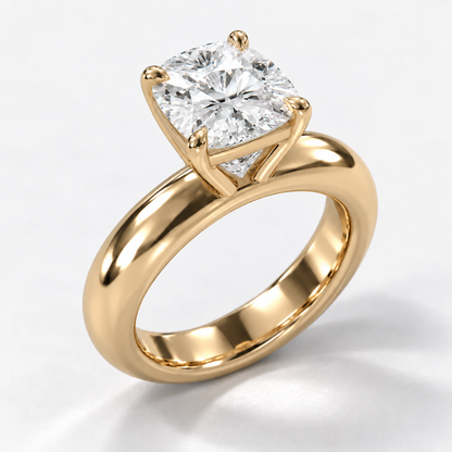 Solara Cushion Domed Solitaire Ring in yellow gold, elevated side-oblique view — AI design preview