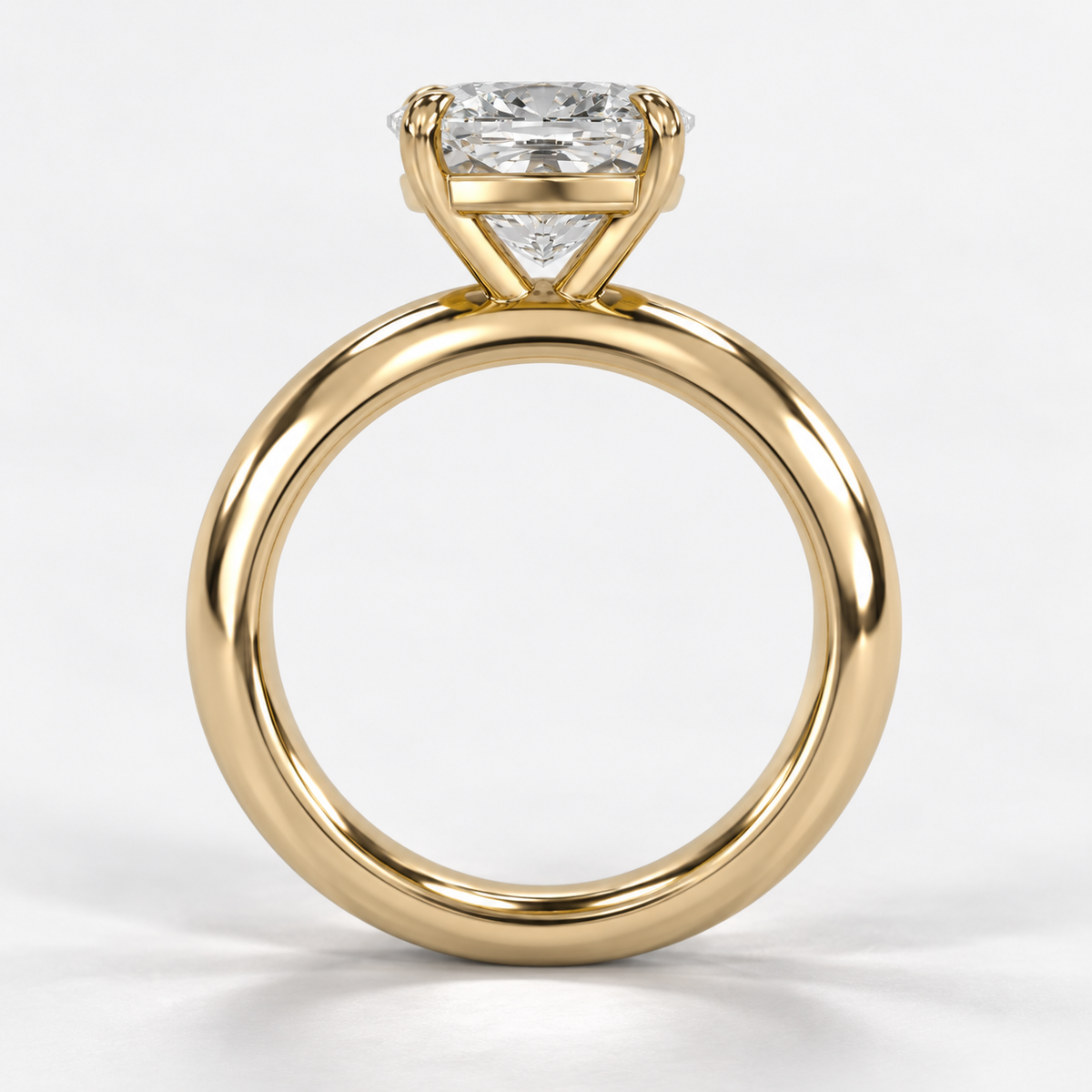 Solara Cushion Domed Solitaire Ring in yellow gold, true structural side view — AI design preview