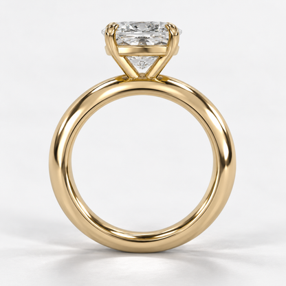 Solara Cushion Domed Solitaire Ring in yellow gold, true structural side view — AI design preview