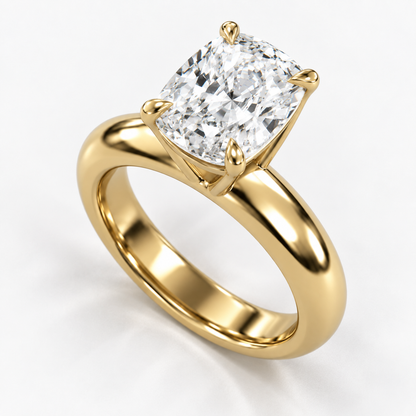 Solara Elongated Cushion Domed Solitaire Ring in yellow gold, elevated opposite three-quarter view — AI design preview