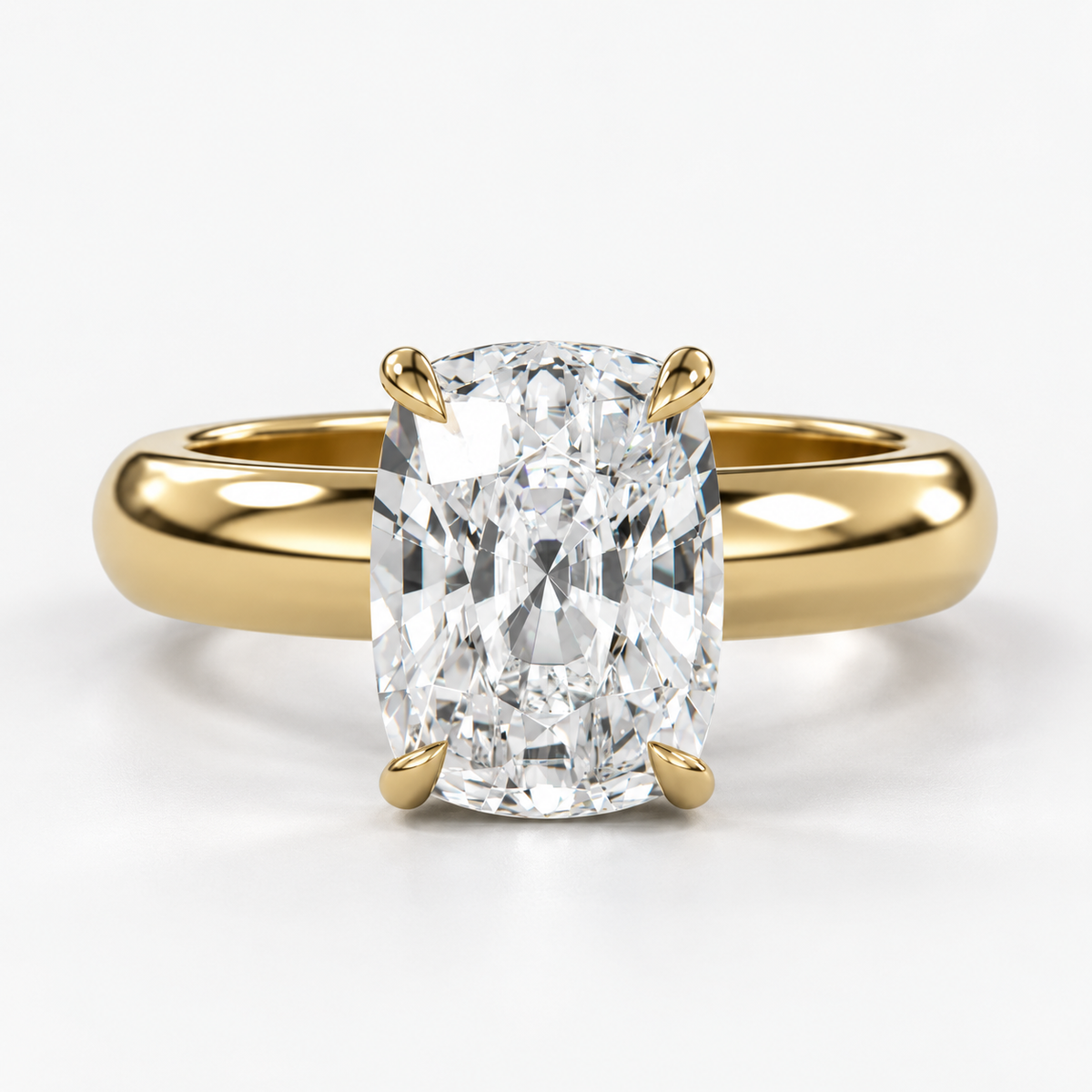 Solara Elongated Cushion Domed Solitaire Ring in yellow gold, straight-on front view — AI design preview