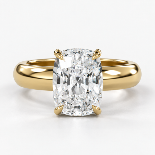 Solara Elongated Cushion Domed Solitaire Ring in yellow gold, straight-on front view — AI design preview