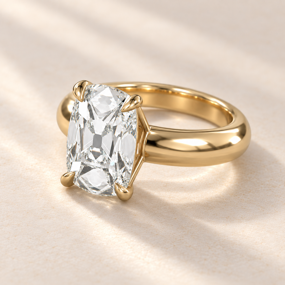 Solara Old Mine Domed Solitaire Ring in yellow gold, three quarter view