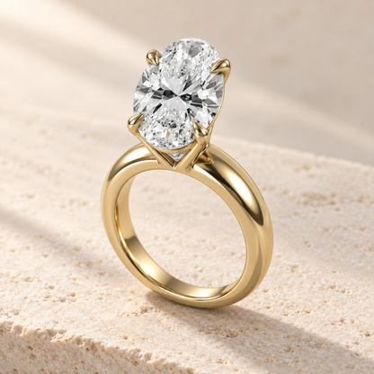Solara Oval Domed Solitaire Ring in yellow gold, three-quarter view — AI design preview
