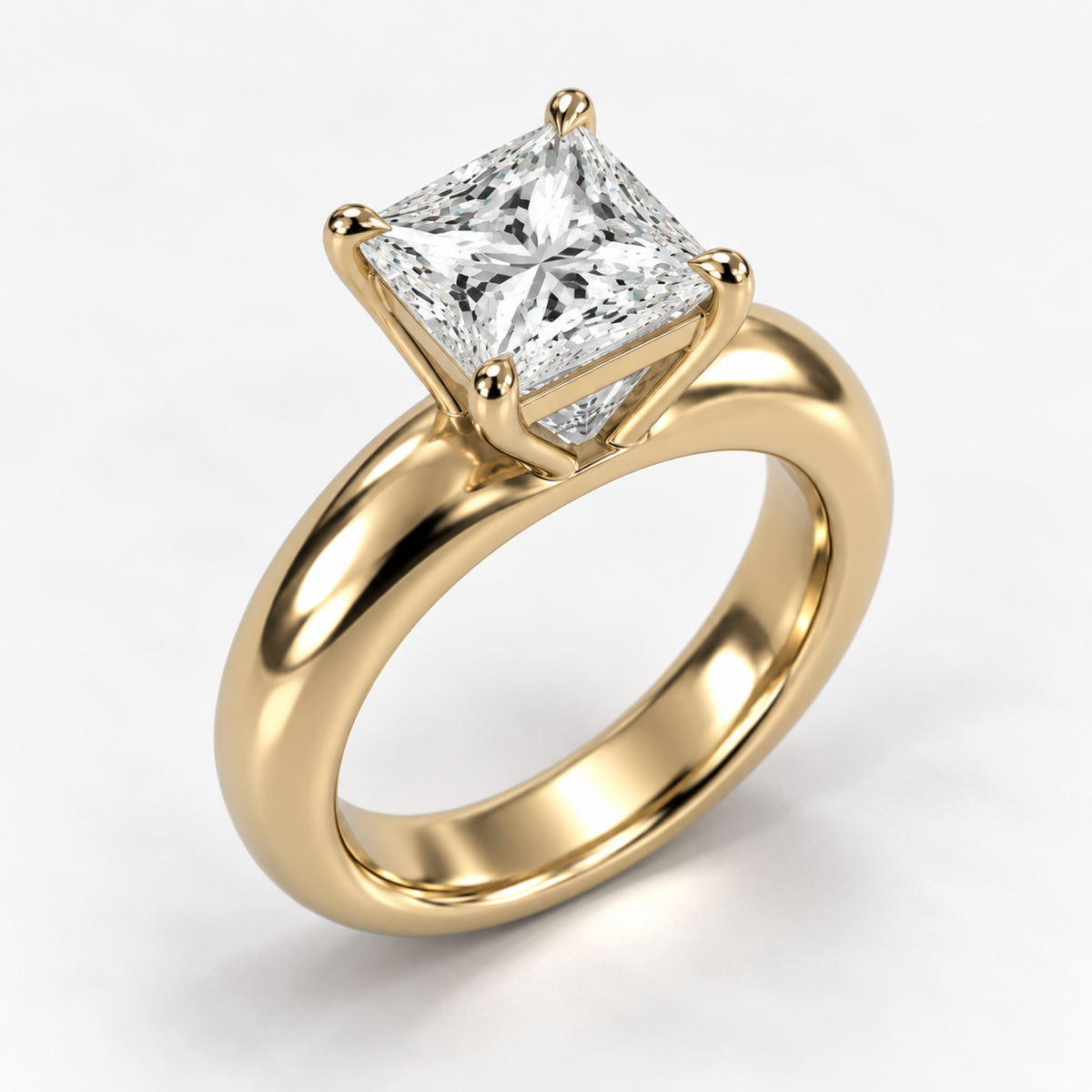 Solara Princess Domed Solitaire Ring in yellow gold, elevated side-oblique view — AI design preview