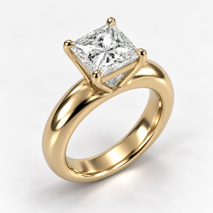 Solara Princess Domed Solitaire Ring in yellow gold, elevated side-oblique view — AI design preview