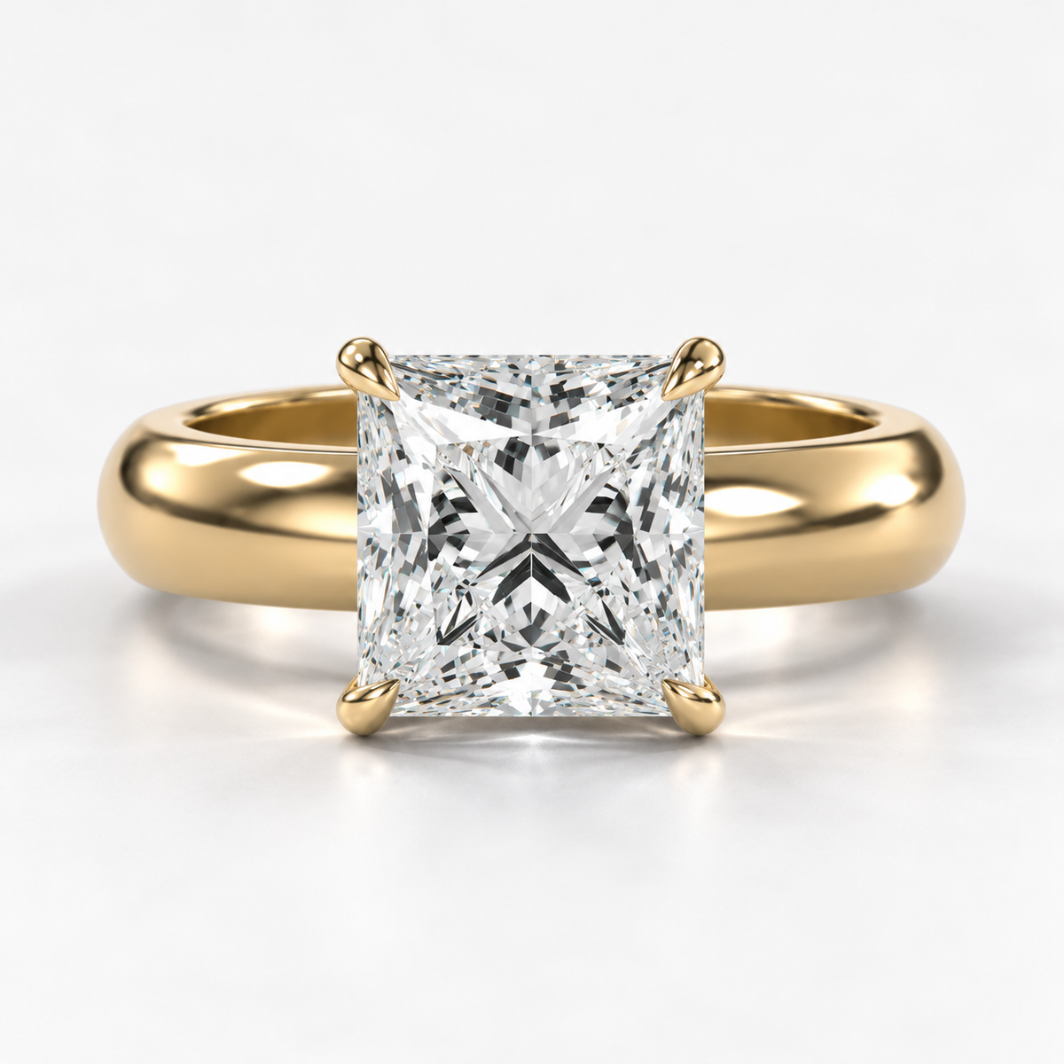 Solara Princess Domed Solitaire Ring in yellow gold, straight-on front view — AI design preview