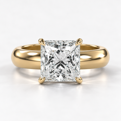 Solara Princess Domed Solitaire Ring in yellow gold, straight-on front view — AI design preview