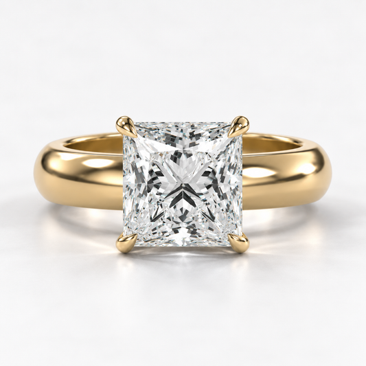 Solara Princess Domed Solitaire Ring in yellow gold, straight-on front view — AI design preview