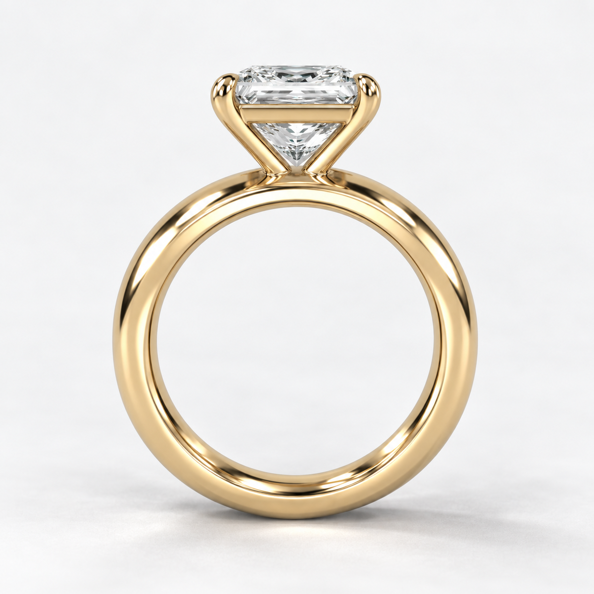 Solara Princess Domed Solitaire Ring in yellow gold, true structural side view — AI design preview