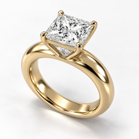 Solara Princess Domed Solitaire Ring in yellow gold, three-quarter front view — AI design preview